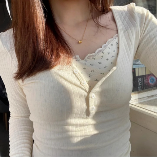 Lace splicing fake two-piece long-sleeved T-shirt for women autumn and winter 2023 new tight slimming bottoming shirt