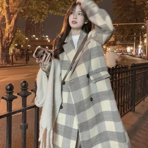 Korean style plaid woolen coat for women new autumn and winter mid-length casual temperament Hepburn style woolen coat