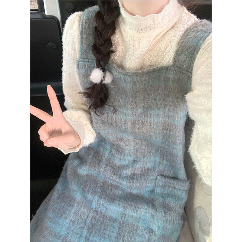 女裝小個子搭配顯高法式小香風奶乖藍色連衣裙兩件套