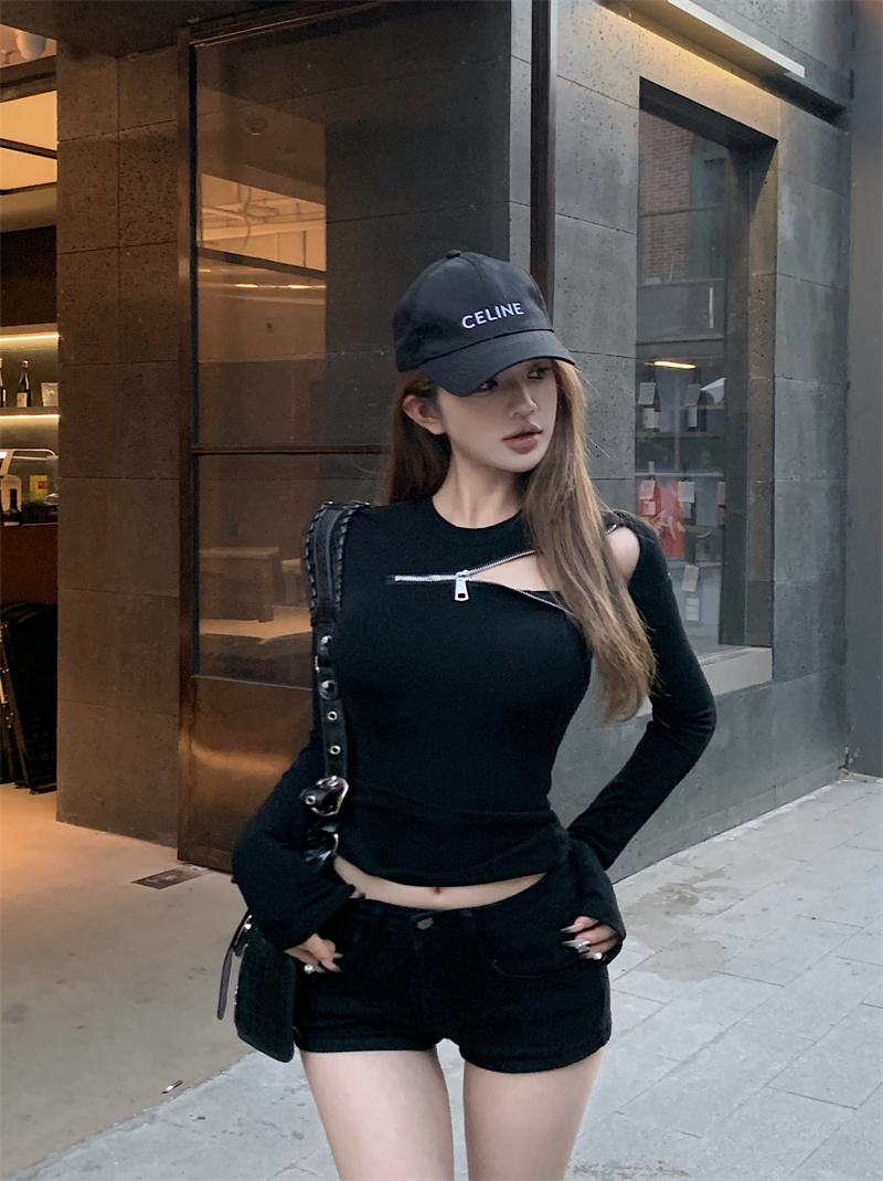 實拍 心機拉鏈黑色緊身辣妹百搭黑色長袖上衣t恤女