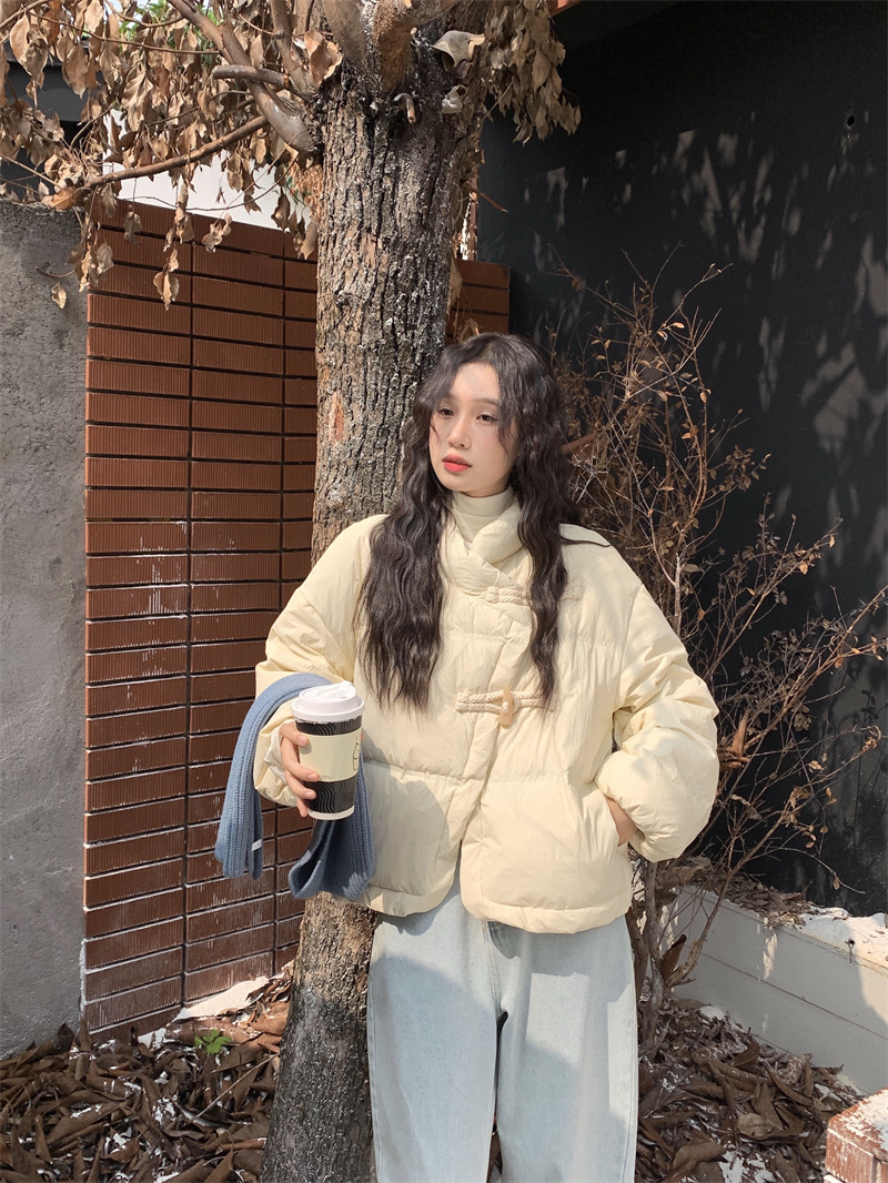 實拍    小立領中式牛角扣棉服外套