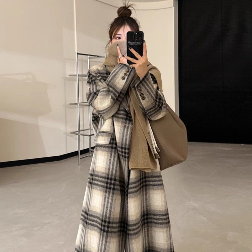2023 Autumn and Winter New High-end Korean Tartan Coat Women's Extra Long Loose Casual Jacket