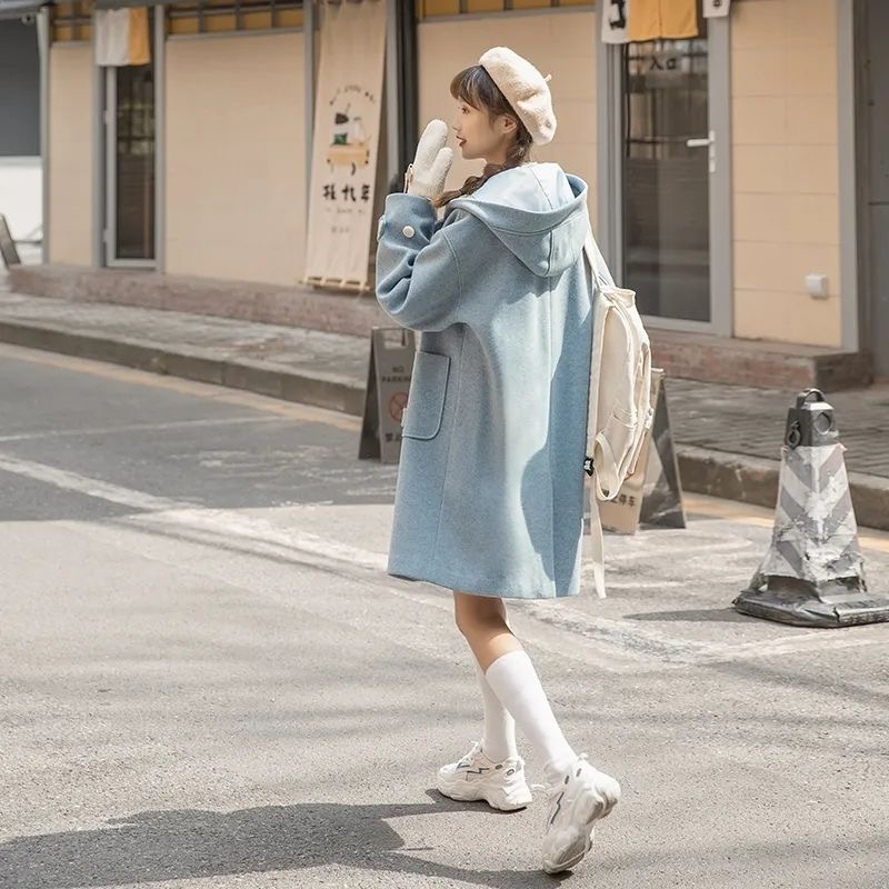2023 new autumn and winter Korean style college style loose horn button mid-length woolen coat jacket hooded for women