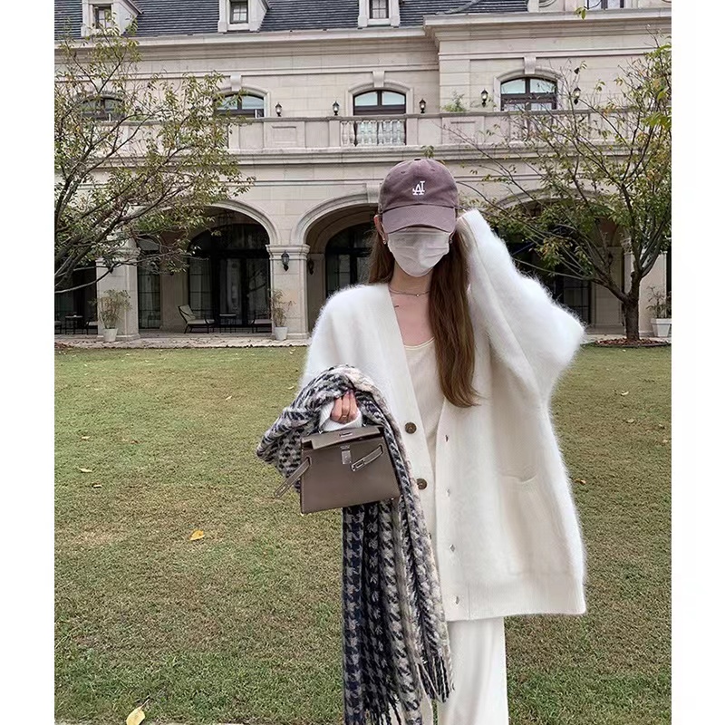 Pink Mink Velvet Soft Waxy Sweater Coat Women's Autumn and Winter Loose Lazy Wind Mid-Length Knitted Cardigan Furry