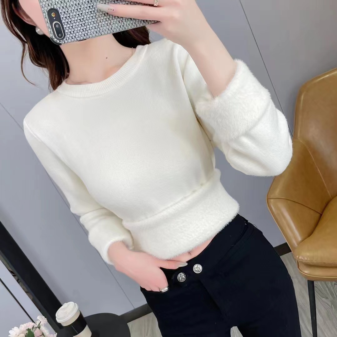 實拍 秋冬加絨毛衣女加厚一體絨內搭圓領套頭打底針織衫保暖上衣