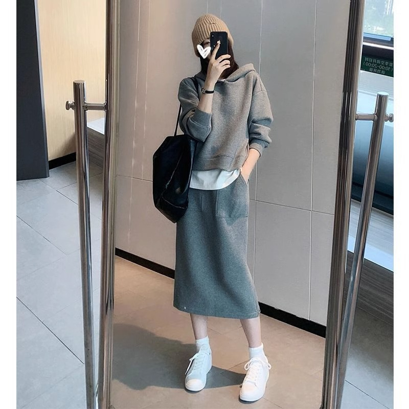 大碼女裝早秋休閒時尚兩件套連帽衛衣半身裙套裝胖mm200斤