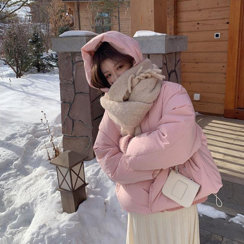 Tomato color thickened hooded short down cotton coat small women horn button  winter loose coat