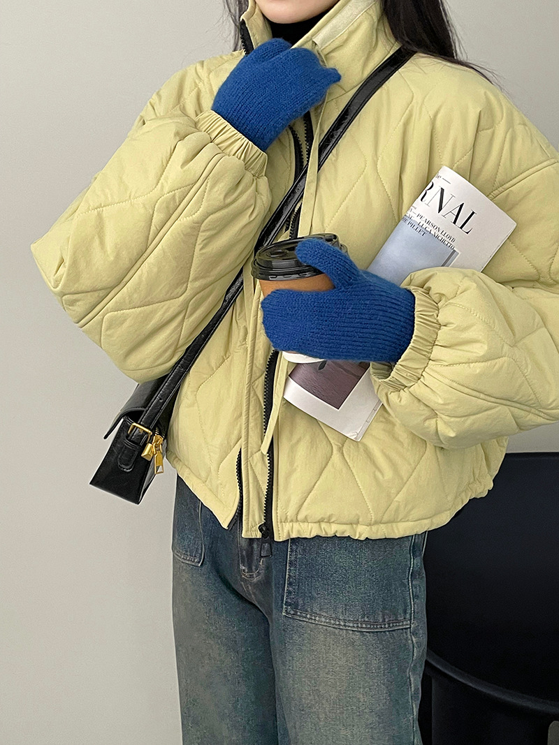 Actual shot~Korean style short stand-collar rhombus cotton coat for women, lazy style, loose, slimming and warm bread coat