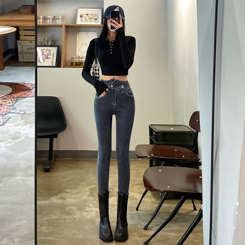 實拍2023秋季時尚潮流拼接修身美式復古牛仔褲女