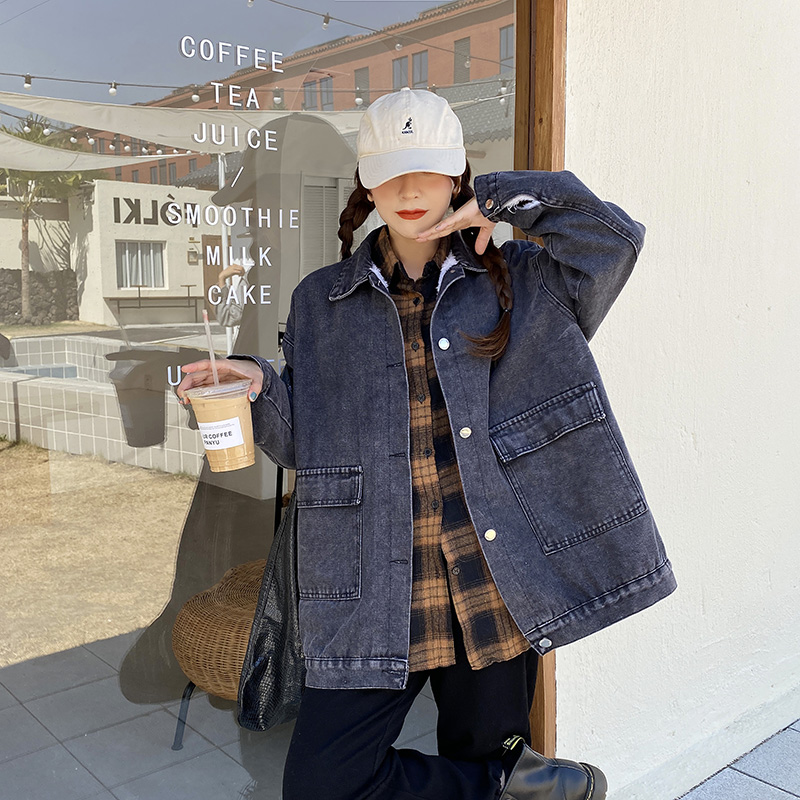 Real shot~Fleece thickened denim jacket for women, new Korean style loose Harajuku BF style retro denim cotton jacket