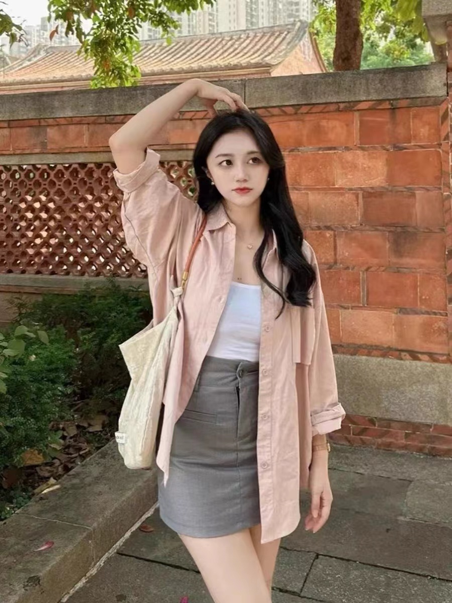 粉色長袖防曬襯衫法式洋氣減齡上衣女夏季新款設計感別致小衫襯衣