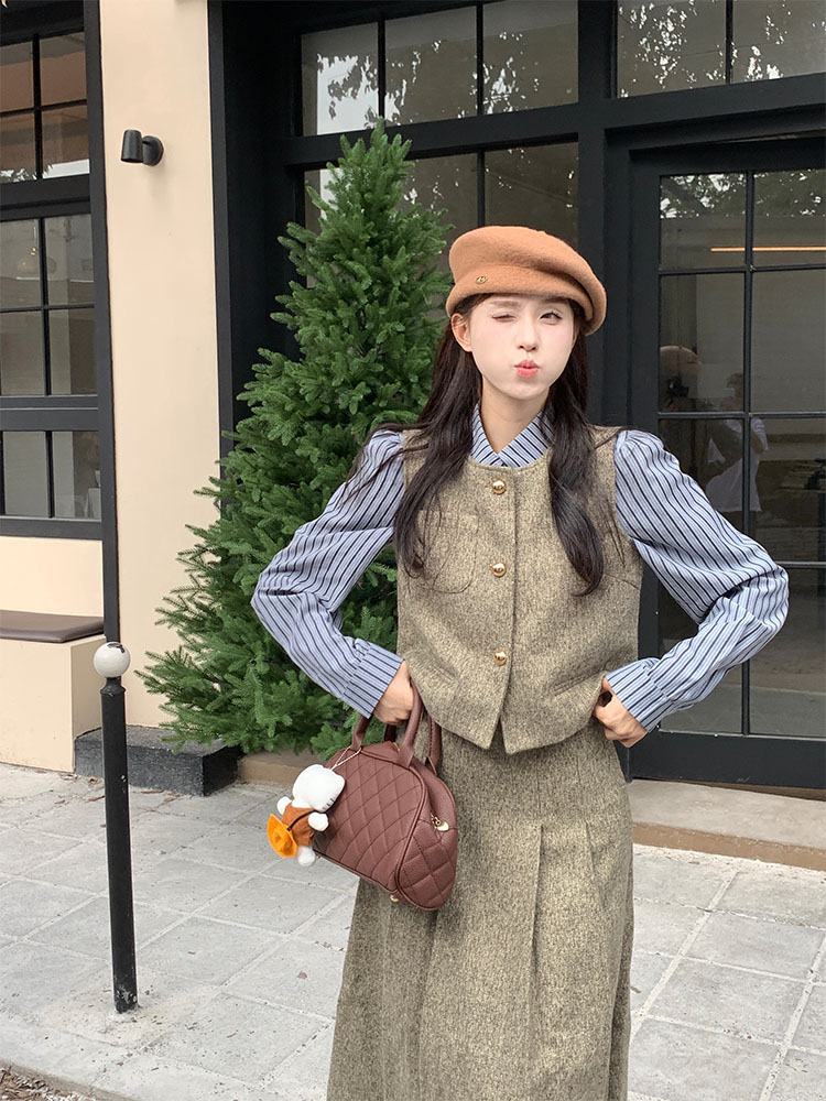 實拍 美拉德套裝女小香風馬甲條紋襯衫百褶短裙半裙三件套