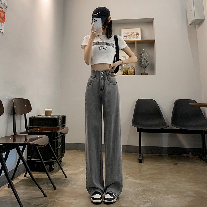 實拍2023秋季時尚潮流高腰直筒寬鬆闊腿美式復古牛仔褲女