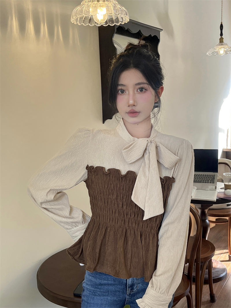 秋冬法式復古蝴蝶結燈芯絨襯衫褶皺設計修身顯瘦上衣實拍