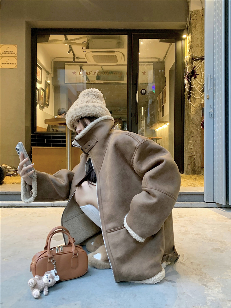 Real shot~Double-sided fur one-piece buckskin jacket for women, new winter jacket, thickened motorcycle jacket