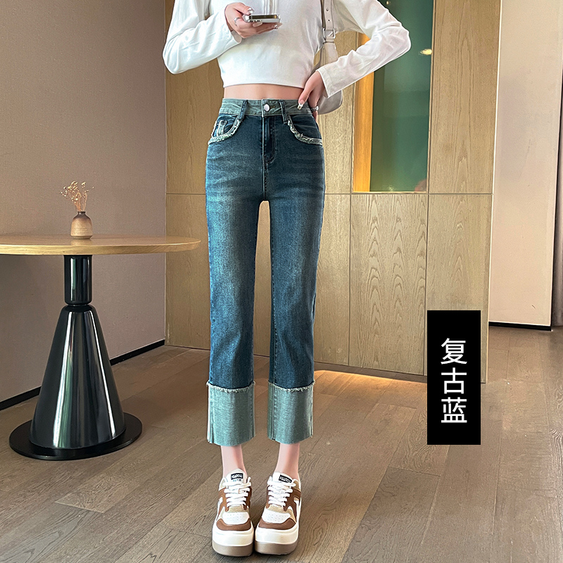 實拍2023秋季時尚高腰直筒美式復古牛仔褲女