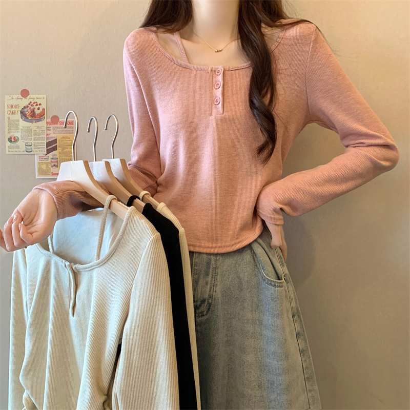Actual shot of the new version of Korean-style design long-sleeved pullover versatile T-shirt