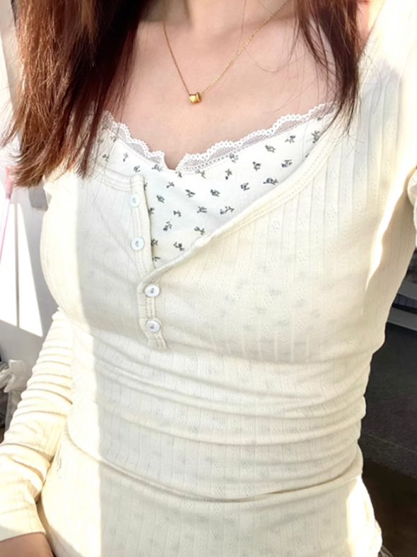 Lace splicing fake two-piece long-sleeved T-shirt for women autumn and winter 2023 new tight slimming bottoming shirt
