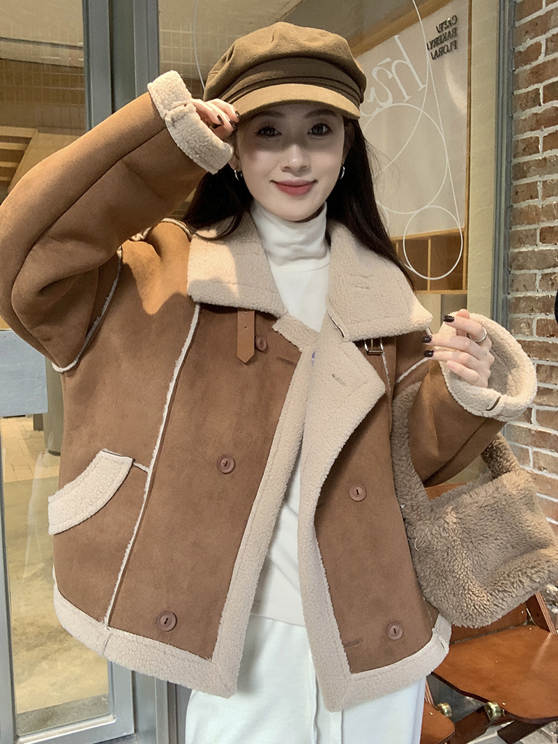 實拍  羊羔毛毛絨外套女秋冬加厚小個子皮毛一體機車服