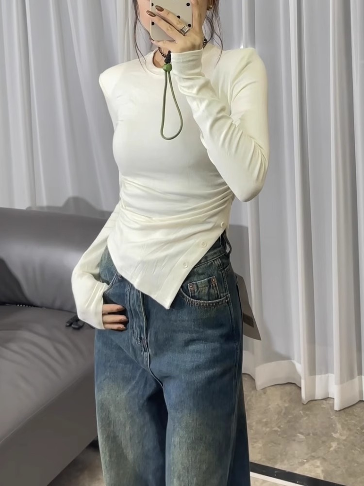德絨春秋季新款側邊褶皺開叉設計感T恤女韓版修身打底衫上衣潮
