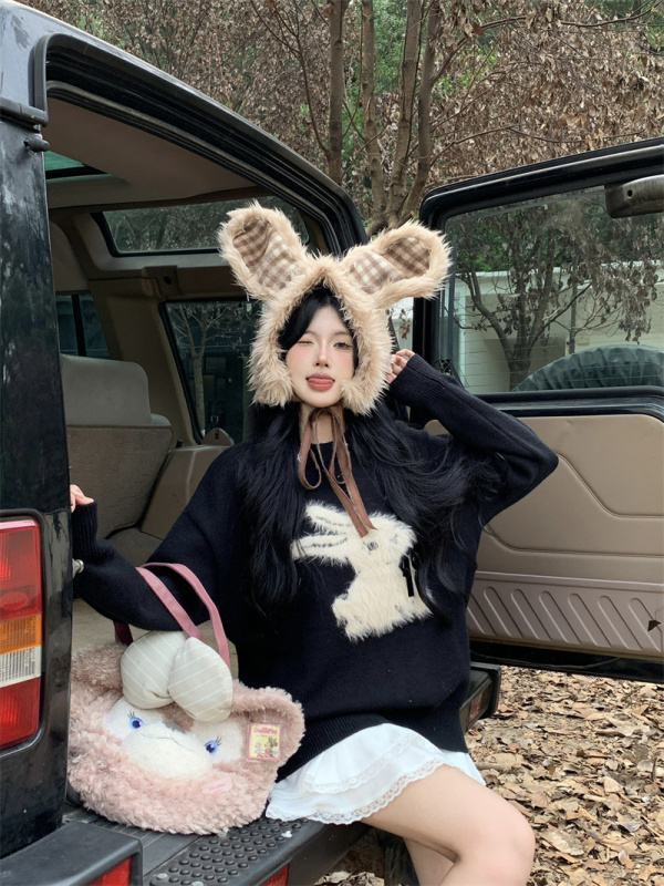奶fufu慵懶風兔子提花套頭毛衣女秋冬寬鬆長袖針織衫黑色上衣外穿