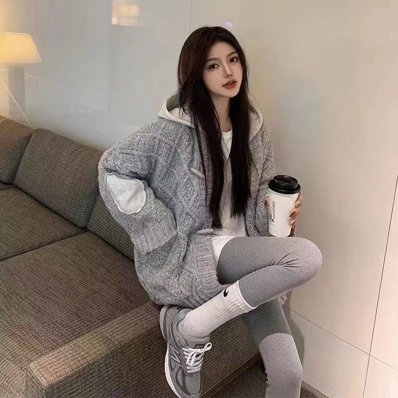毛衣慵懶風外套春秋新款寬鬆韓版厚實粗線連帽針織開衫時尚套裝