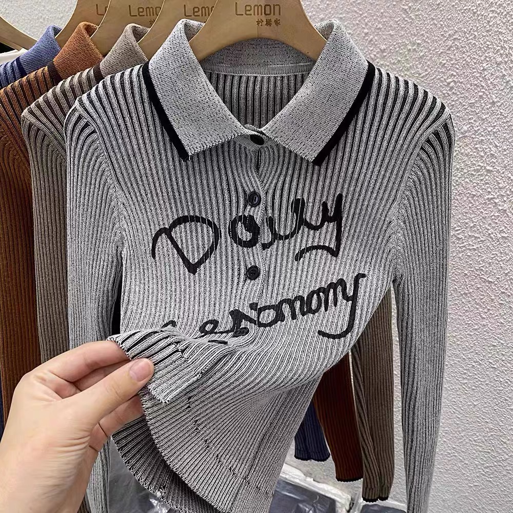 Lapel short sweater for women in autumn and winter thickened slim bottoming shirt cardigan design niche French knitted sweater top