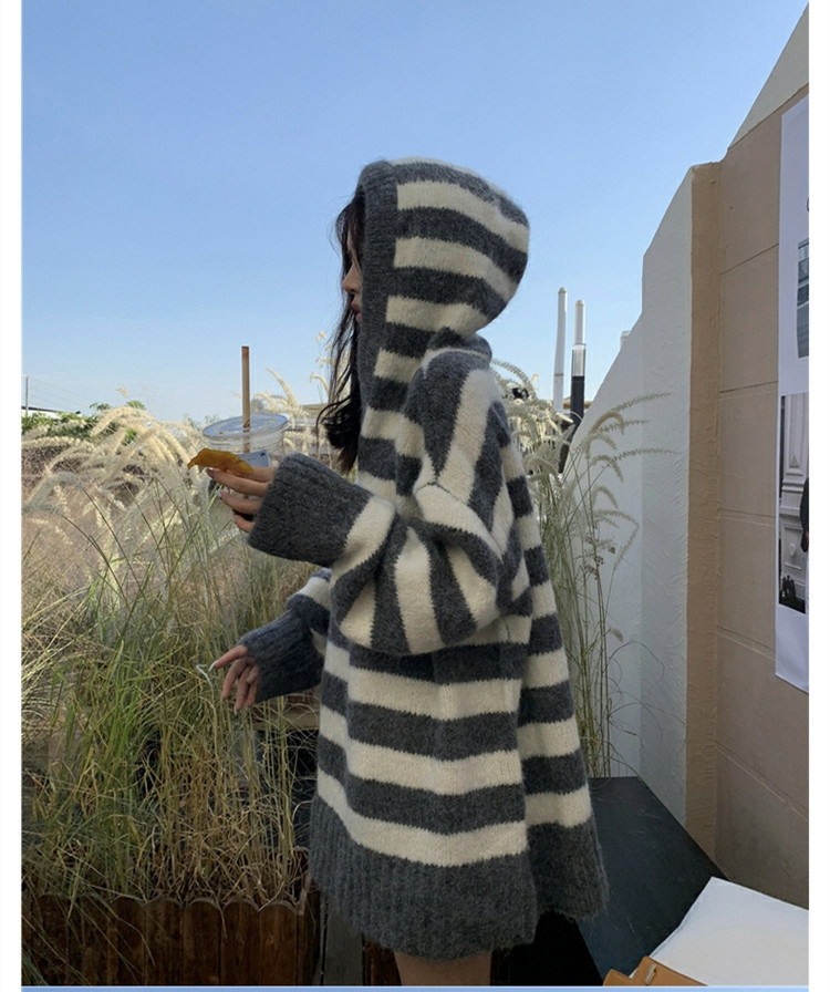 灰白條紋軟糯連帽毛衣女秋冬外穿套頭寬鬆慵懶風針織衫外套高級感