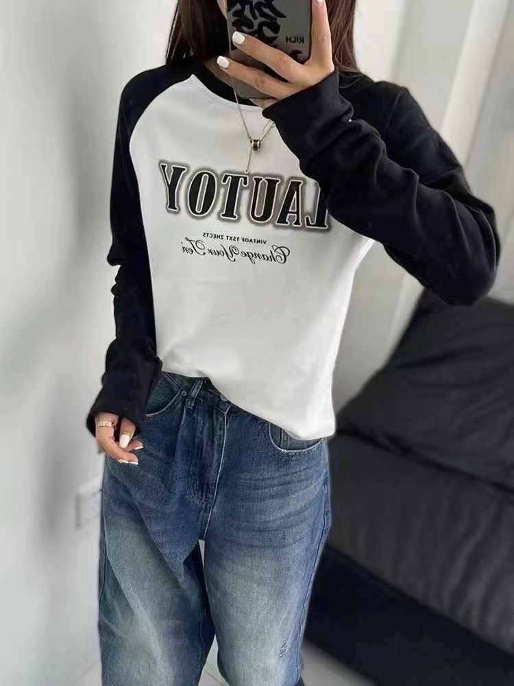 美式插肩長袖t恤女內搭打底衫2023新款秋冬修身顯瘦時尚洋氣上衣