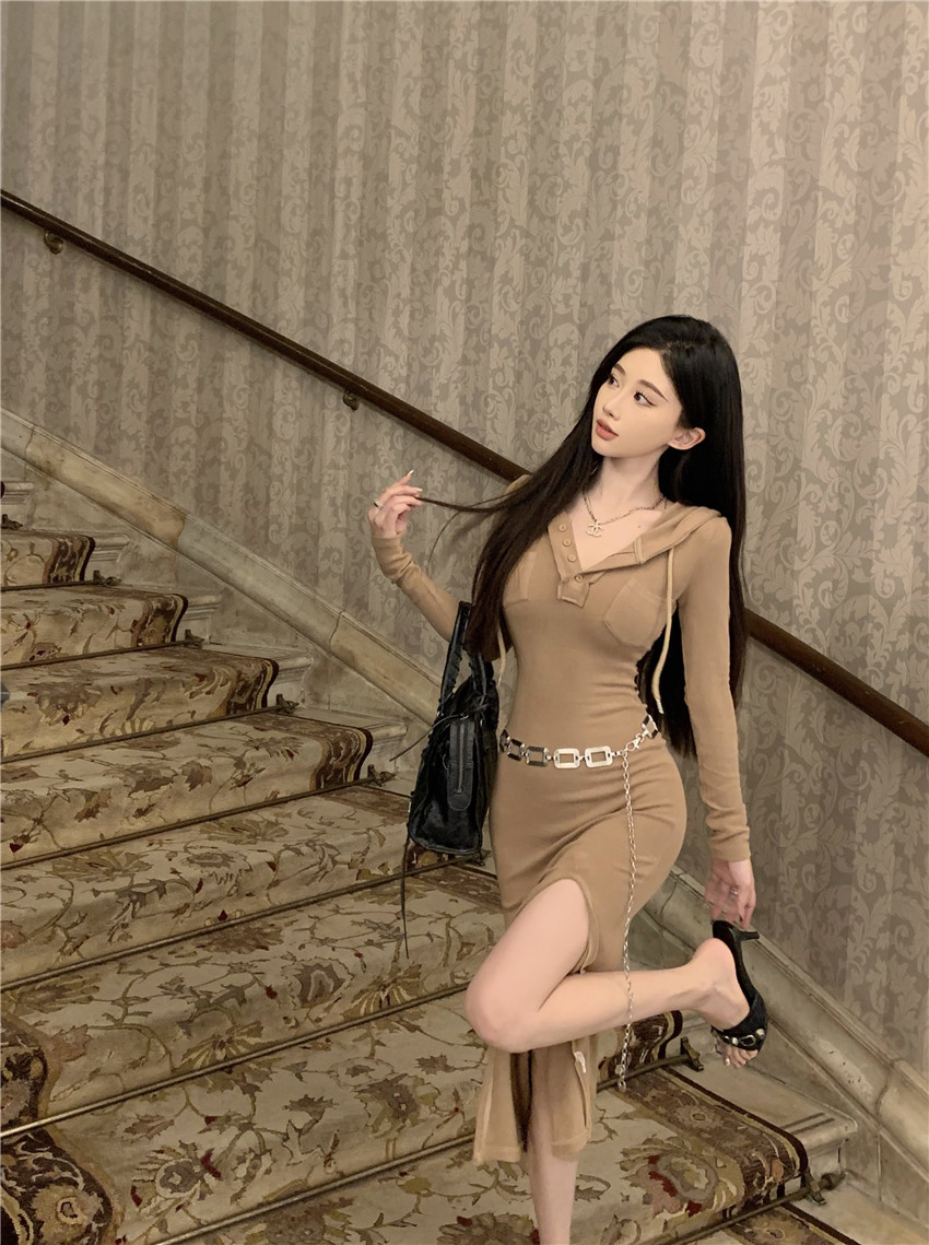 實拍顯瘦抽繩連帽連衣裙女春修身中長款收腰開叉包臀裙