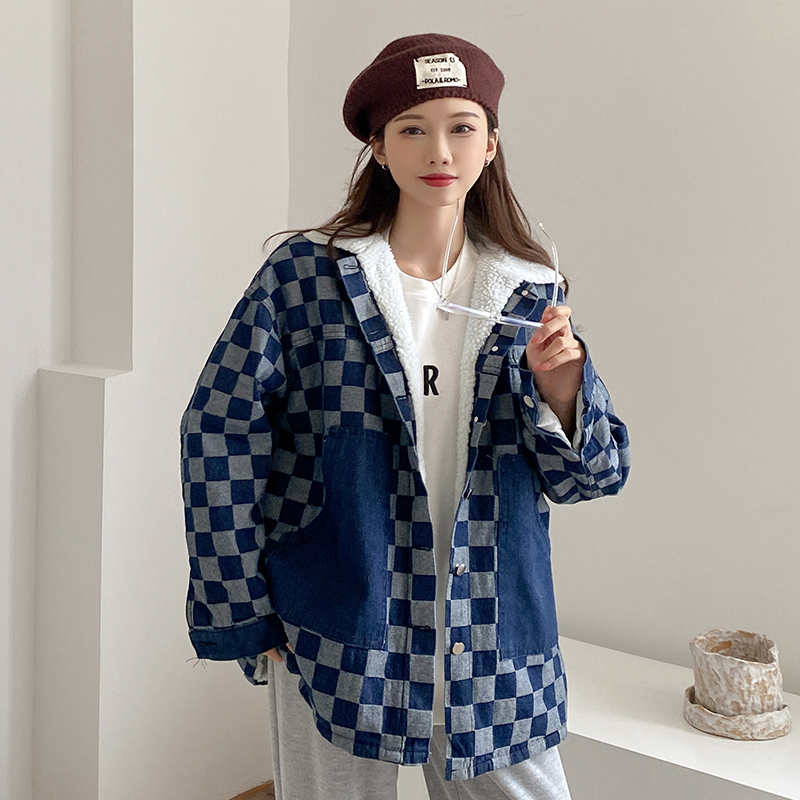 實拍~加絨加厚棋盤格牛仔外套女冬季韓版寬鬆復古保暖棉衣潮