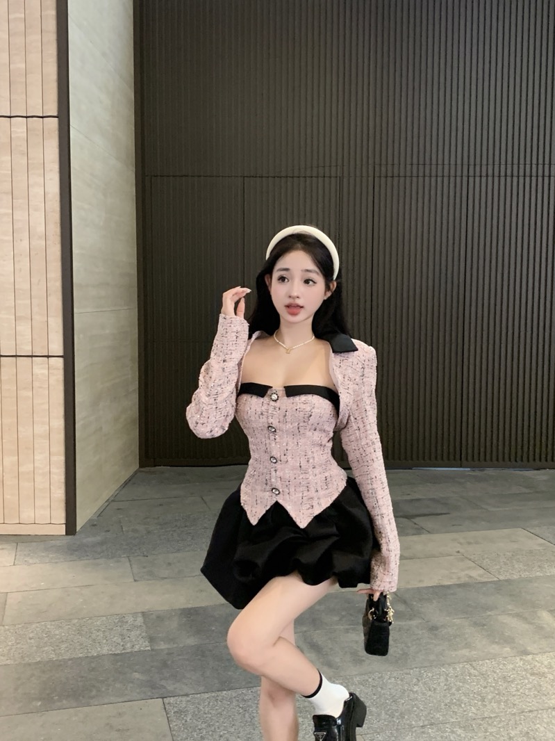 實拍小香風名媛女小個子秋裝抹胸連衣裙+短款氣質外套