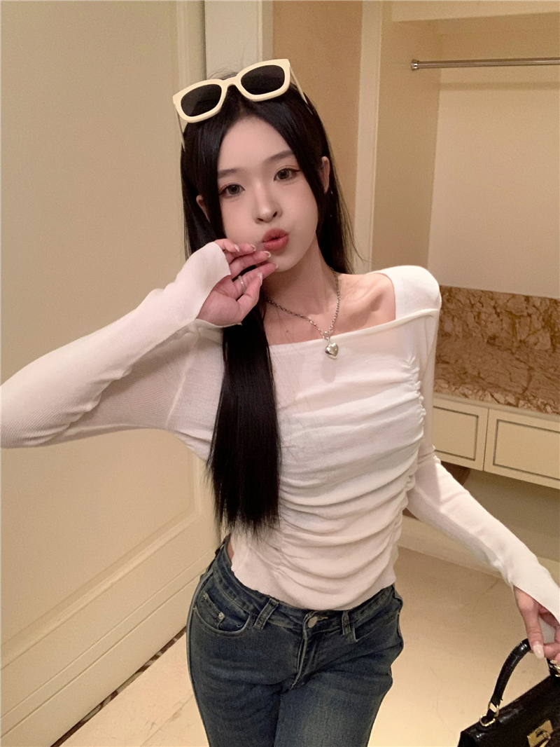 實拍 法式黑色褶皺方領上衣女獨特别致純欲風墊肩長袖打底衫