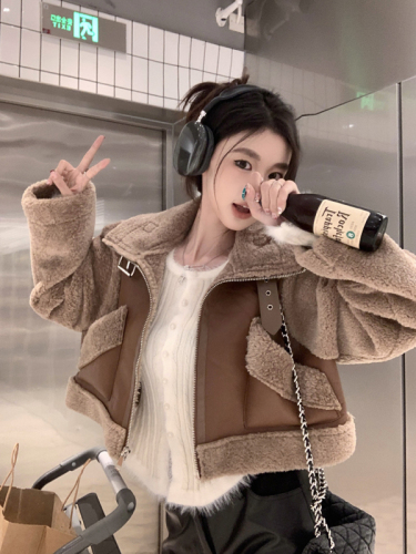 Real shot of retro Maillard Korean version loose thickened motorcycle jacket women's short lamb wool coat cotton coat