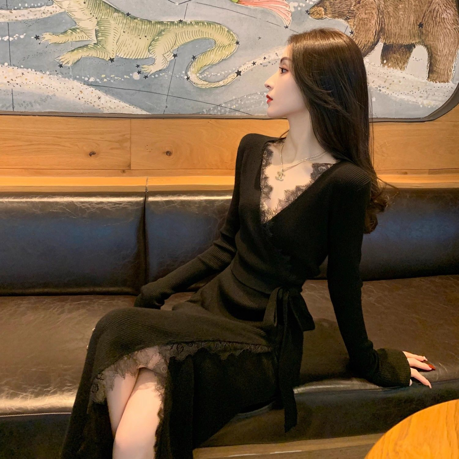 小香風時尚開叉針織連衣裙女裝2023秋季新款性感氣質修身黑色裙子