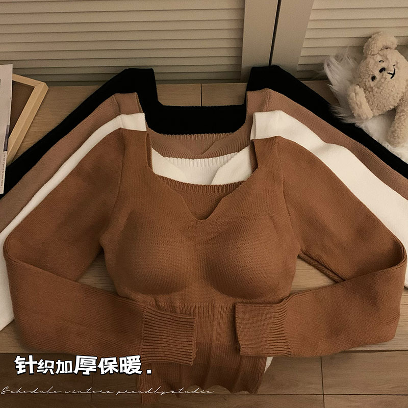 實拍 秋冬加厚針織衫帶胸墊修身顯瘦保暖上衣～