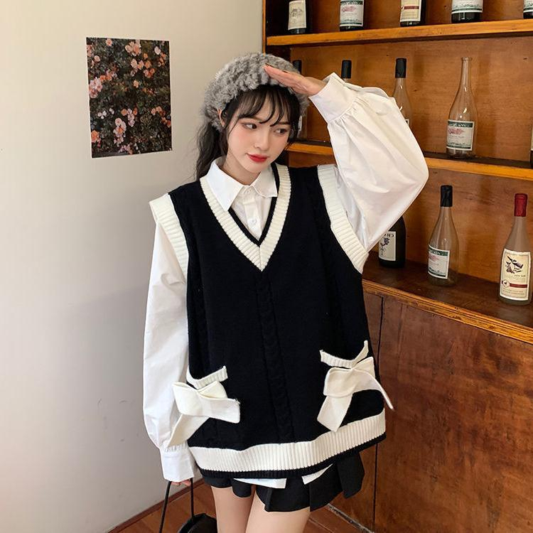 Bow V-neck Twist Knitted Vest Women's Sweater Vest