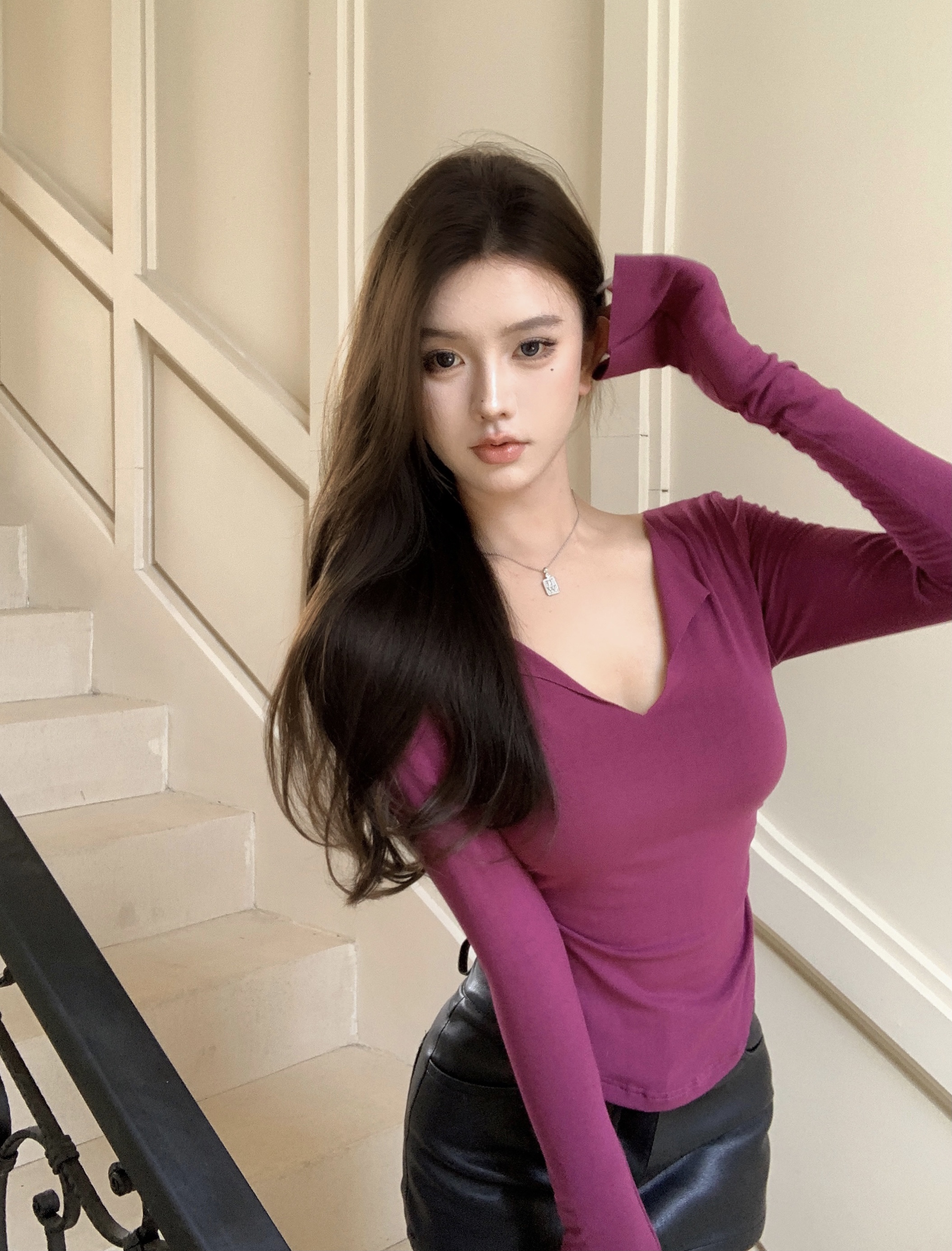 實拍 純欲性感V領緊身修身顯瘦長袖打底衫上衣內搭T恤