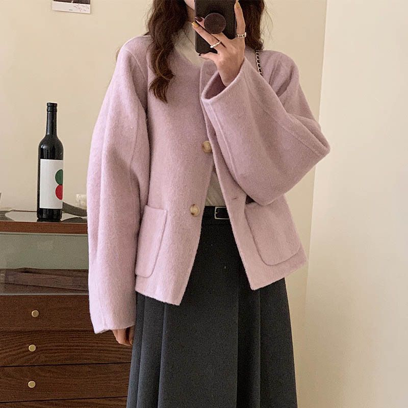 2023秋冬新款粉紫色學生小香風短款寬鬆圓領小個子羊毛呢外套女潮