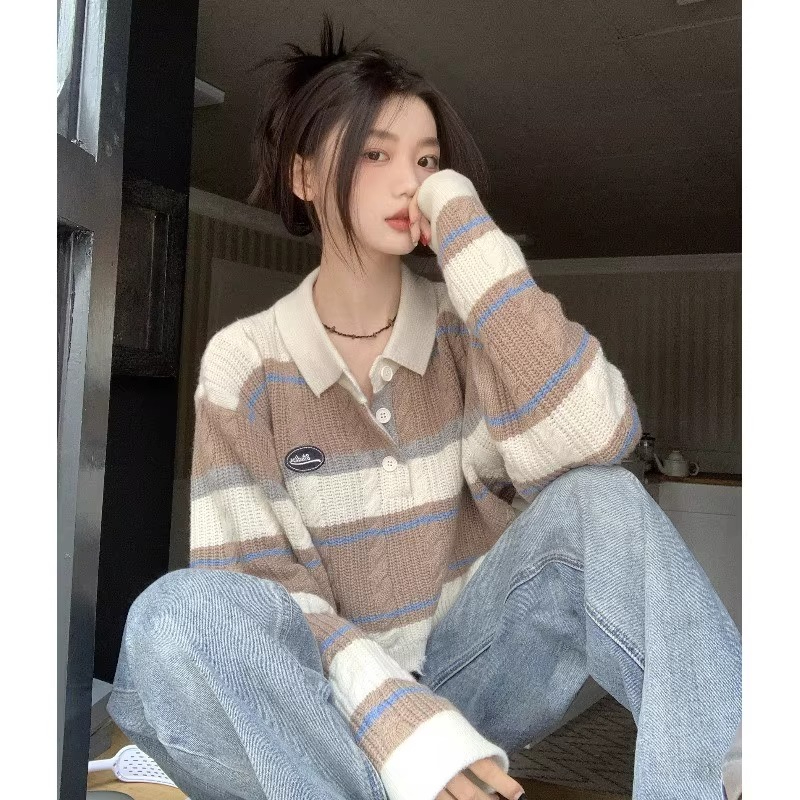 Polo collar striped sweater short ripped sweater women's design niche autumn and winter loose lazy style top