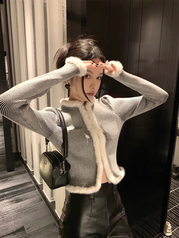 新款小香風高級感灰色毛衣外套女秋冬設計感小眾短款毛毛開衫上衣