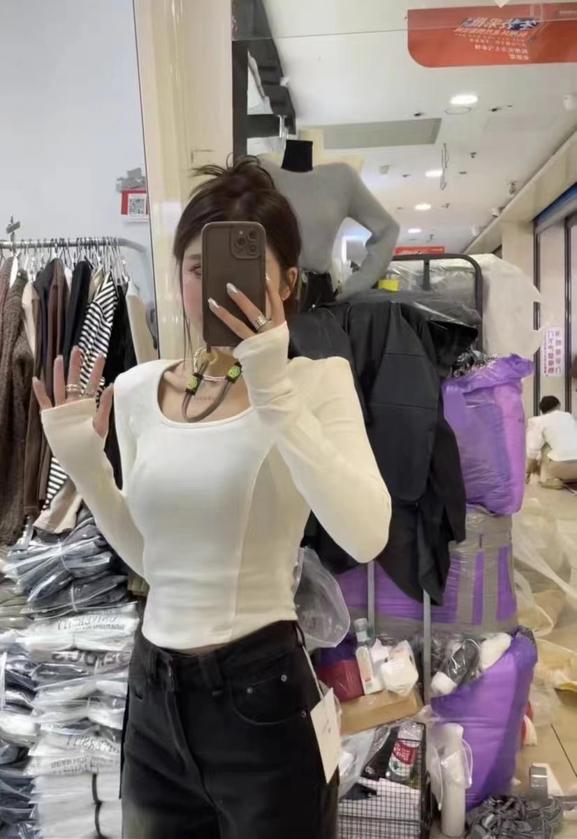 磨毛加厚保暖打底衫女2023春秋辣妹弧形露腰長袖t恤低胸u領上衣潮