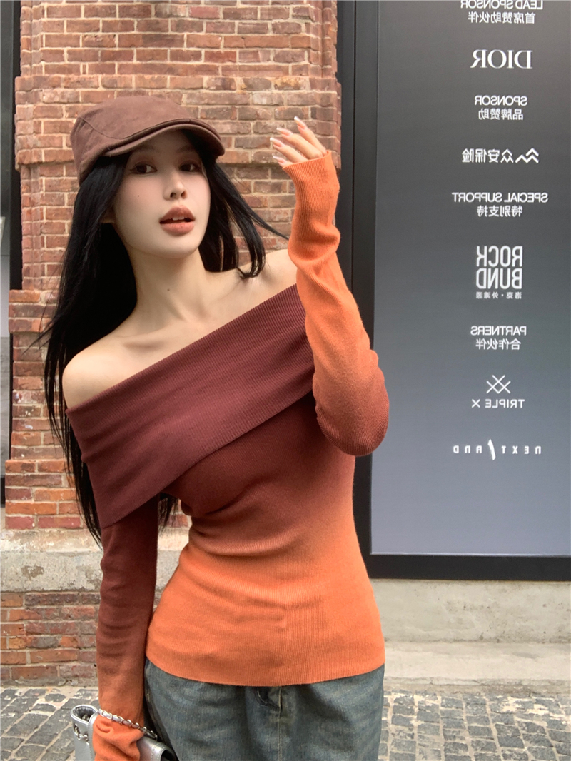 Actual shot of Pure Desire one-shoulder gradient off-shoulder top for women Maillard retro long-sleeved sweater