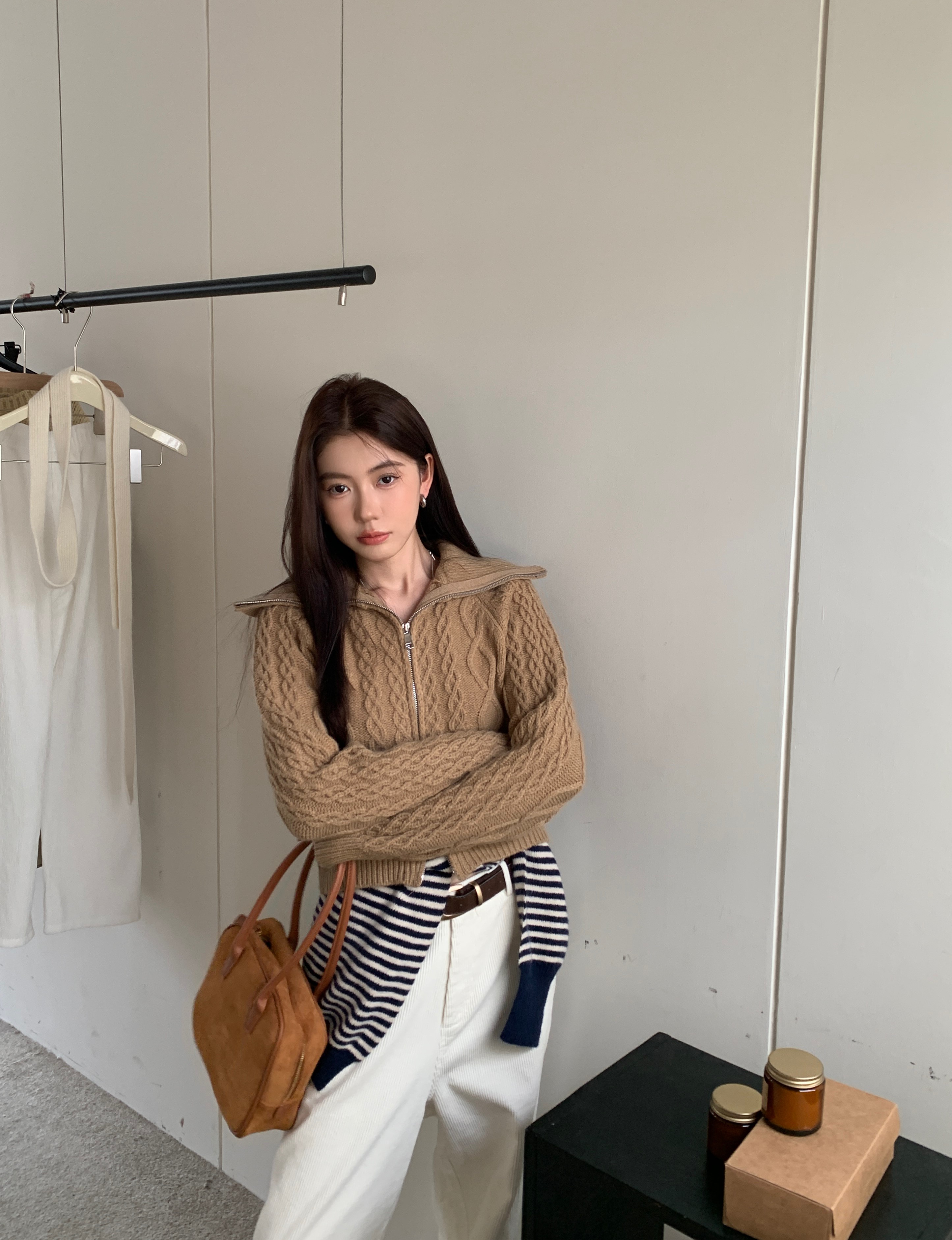 Actual shot of Korean style versatile layered multi-color twist sweater jacket