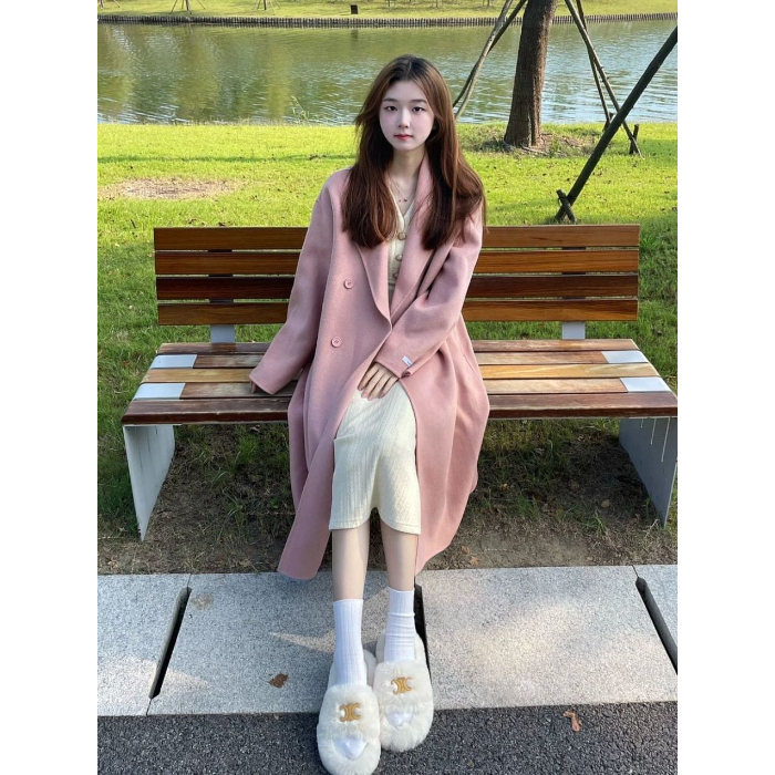 Pink woolen coat for women 2023 autumn and winter new Korean mid-length Hepburn style fashionable woolen coat trend