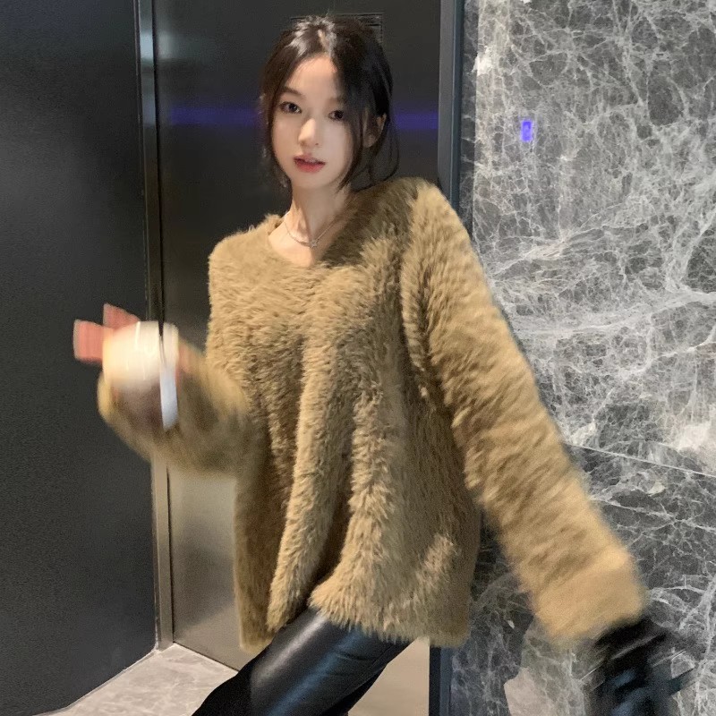 高級感慵懶黑色軟糯v領馬海毛毛衣女秋冬加厚寬鬆套頭純欲針織衫