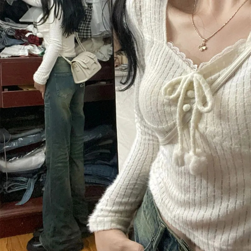 設計感系帶蕾絲拼接甜美針織衫女裝秋季白色小個子短款上衣打底衫