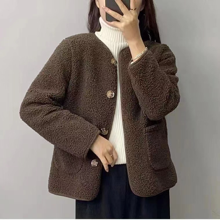 圓領羊羔毛外套女2023年新款秋季新款韓版寬鬆小個子羊羔絨上衣潮