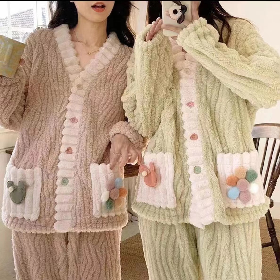 非實拍 珊瑚絨睡衣秋冬季甜美可愛新款加絨加厚家居服套裝潮