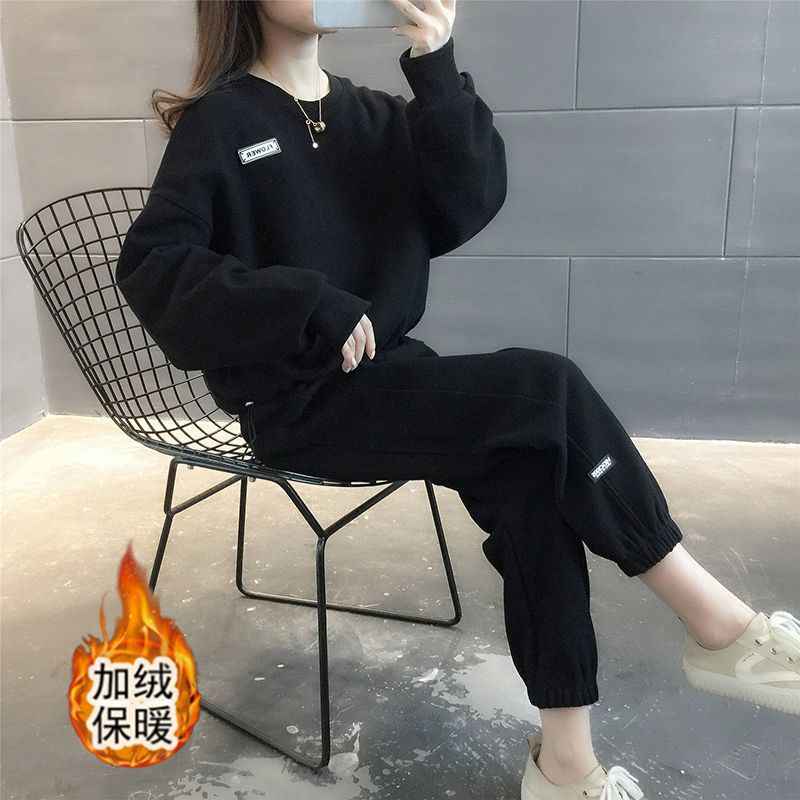 加絨加厚網紅休閒運動服套裝女秋冬季新款時尚寬鬆衛衣兩件套